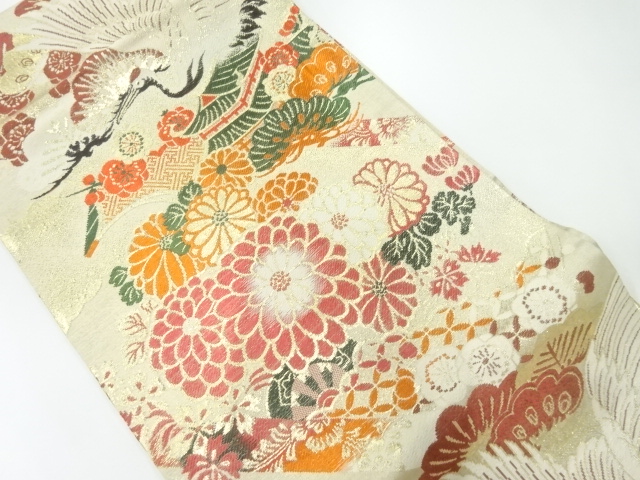 JAPANESE KIMONO / ANTIQUE MARU OBI / WOVEN CRANE & FLORAL PLANTS